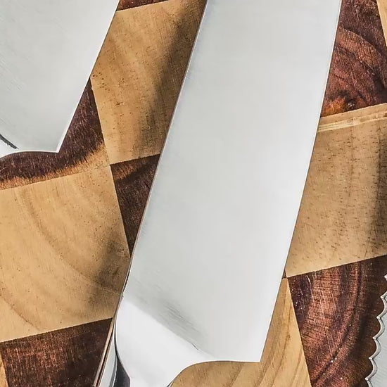 stainless steel kitchen knife blade close up view