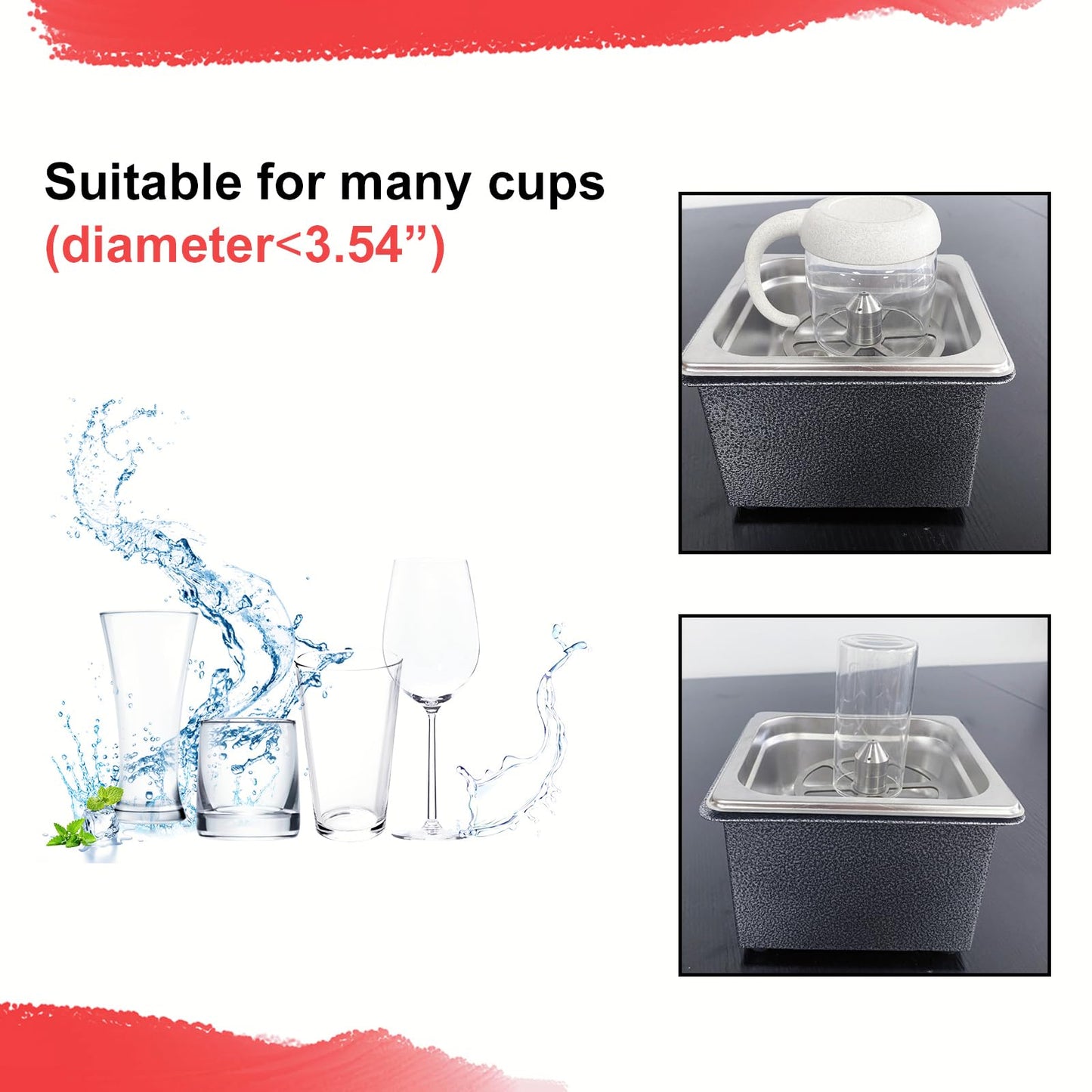 Rotary spray pattern of the cup rinser providing fast and thorough rinsing for cups, glassware, and mugs.