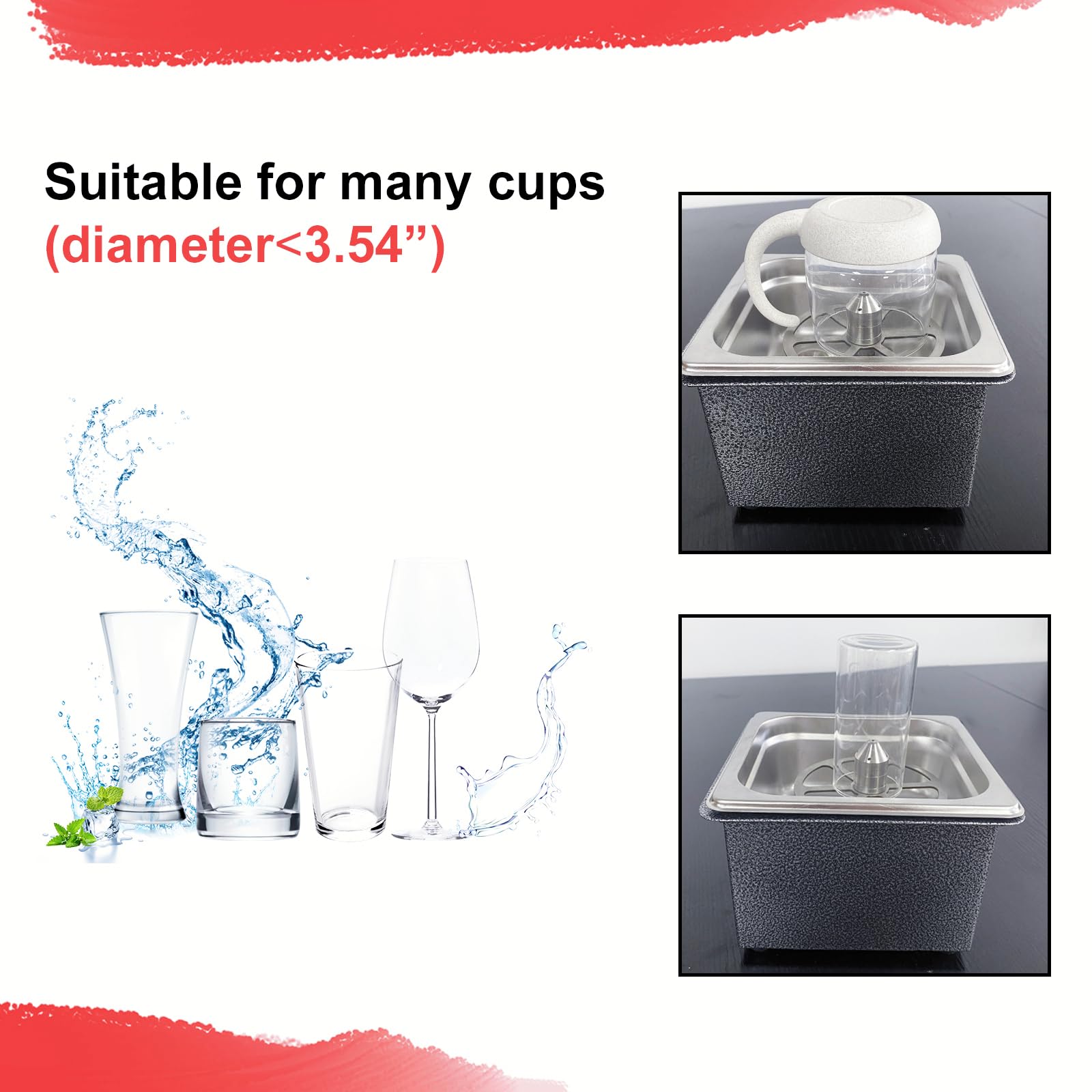 Rotary spray pattern of the cup rinser providing fast and thorough rinsing for cups, glassware, and mugs.