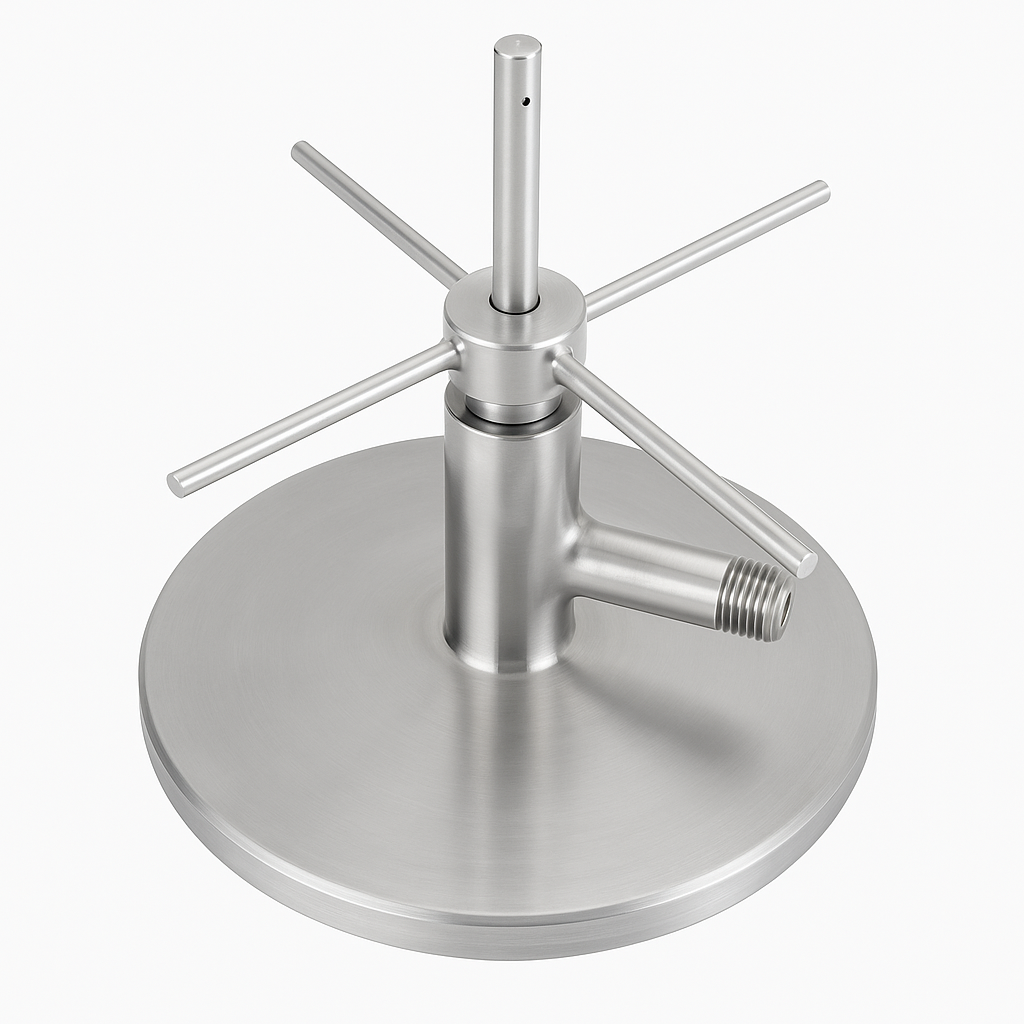 Rotating bracket bottle rinser with a fixed 304 stainless steel round disc, designed for stable and efficient bottle rinsing in bars and cafés.