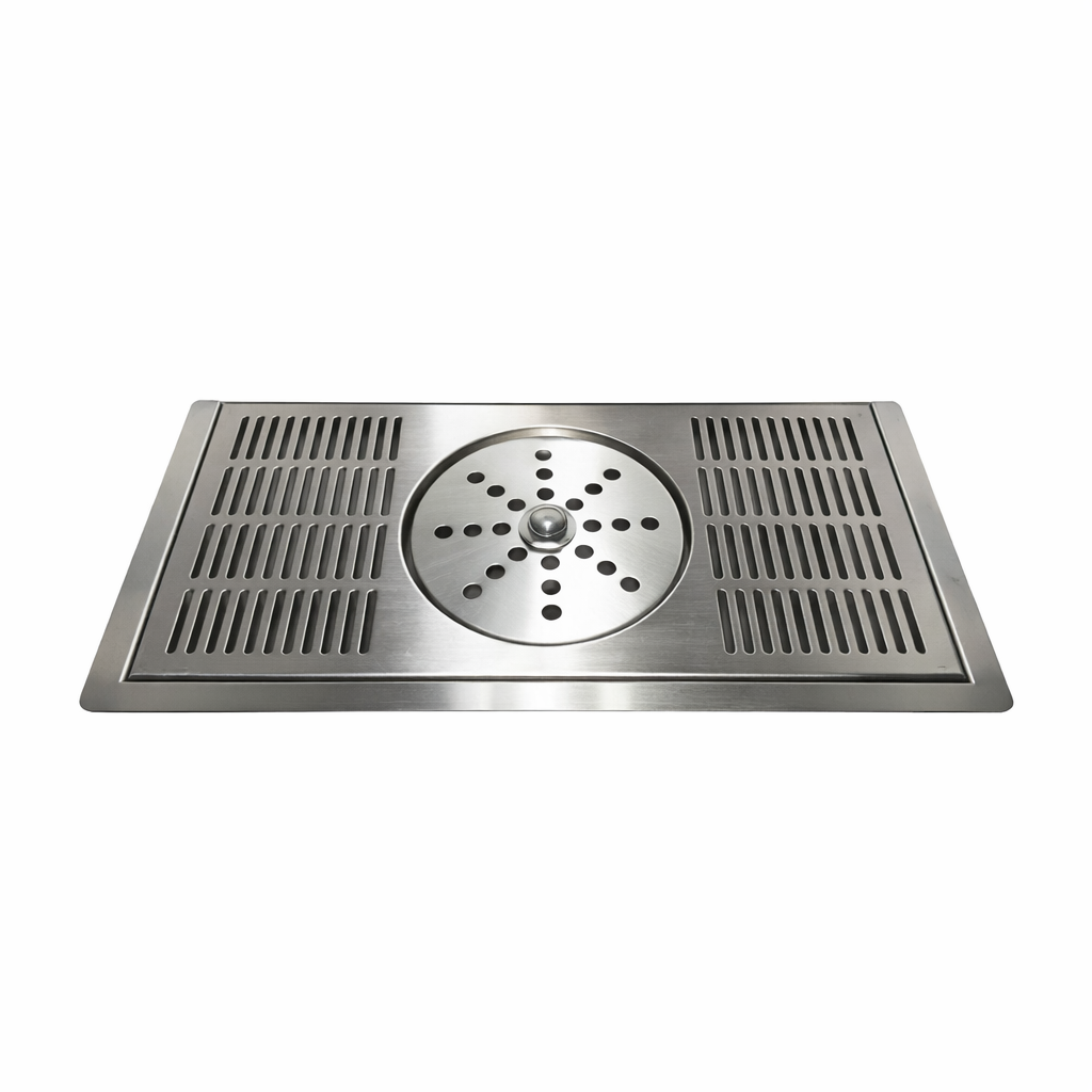 Round-disc cup rinser tray, made from durable 304 stainless steel, designed for use in cafés, tea shops, and home bars.