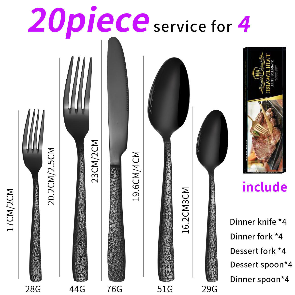 20-Piece Hammered Stainless Steel Cutlery Set, Eco-Friendly Reusable