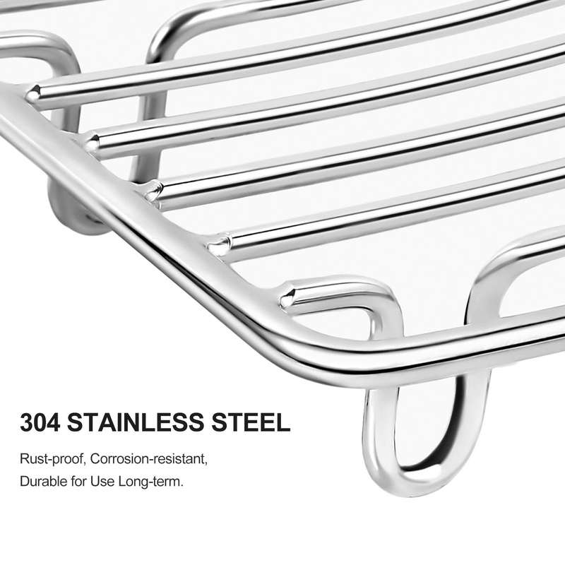 Bar soap placed on slotted stainless steel soap holder with waterfall design