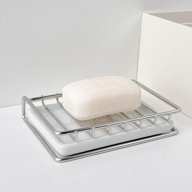 Bar soap placed on slotted stainless steel soap holder, securely drying