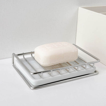 Bar soap placed on slotted stainless steel soap holder, securely drying