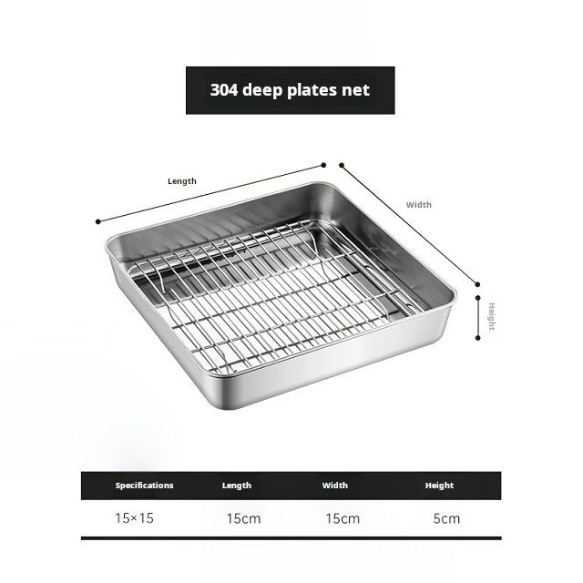 square stainless steel tray with rack size and dimension diagram
