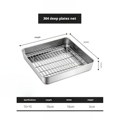square stainless steel tray with rack size and dimension diagram
