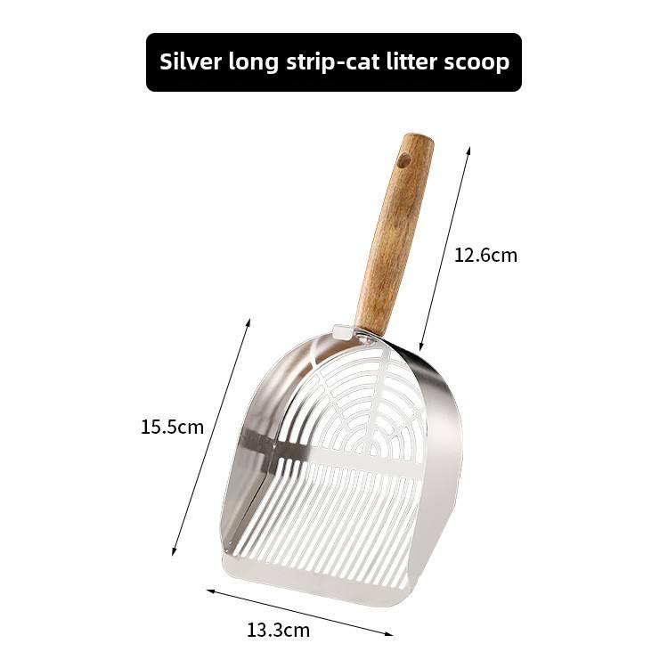 Stainless steel cat litter scoop size diagram with wooden handle sifter head