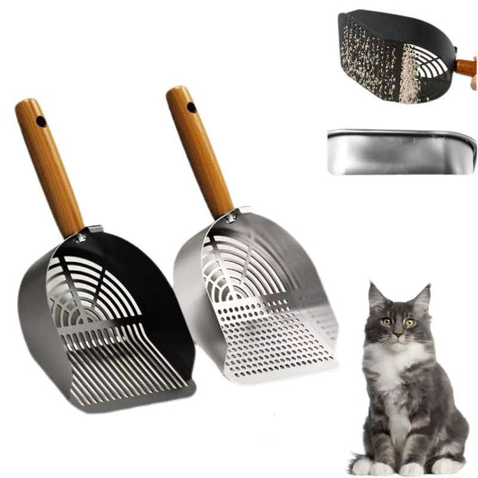 Stainless steel cat litter scoop with wooden handle, deep sifter design (black and silver)