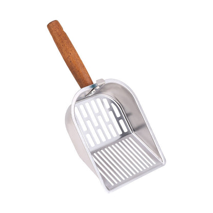 Stainless steel cat litter scoop with wooden handle, heavy-duty sifter scooper