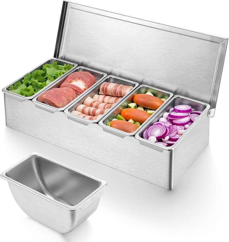 stainless steel condiment bar caddy with multiple compartments
