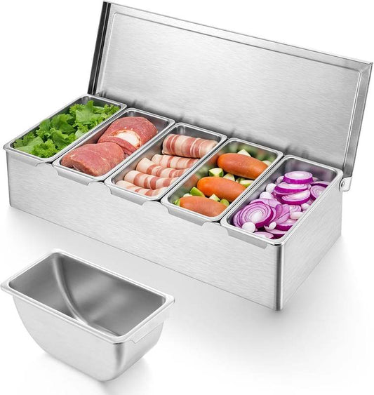 stainless steel condiment bar caddy with multiple compartments
