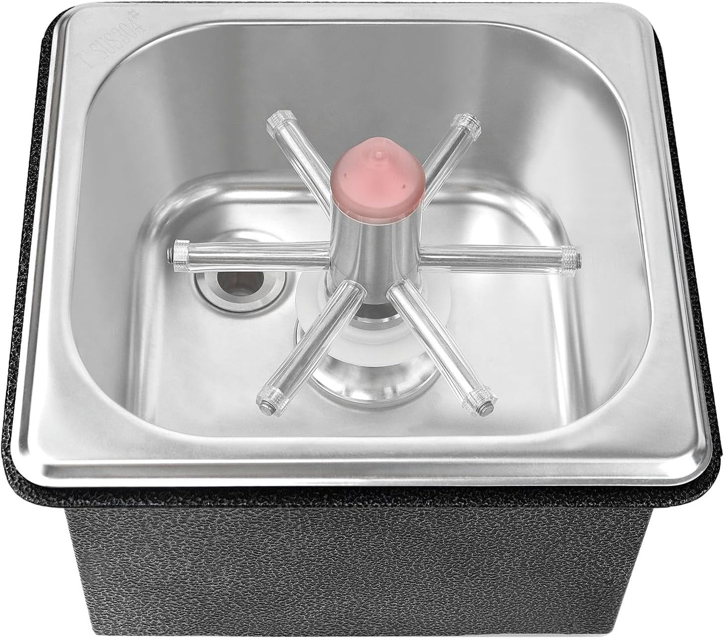 Front view of stainless steel cup rinser with LED light and high-pressure spray system.