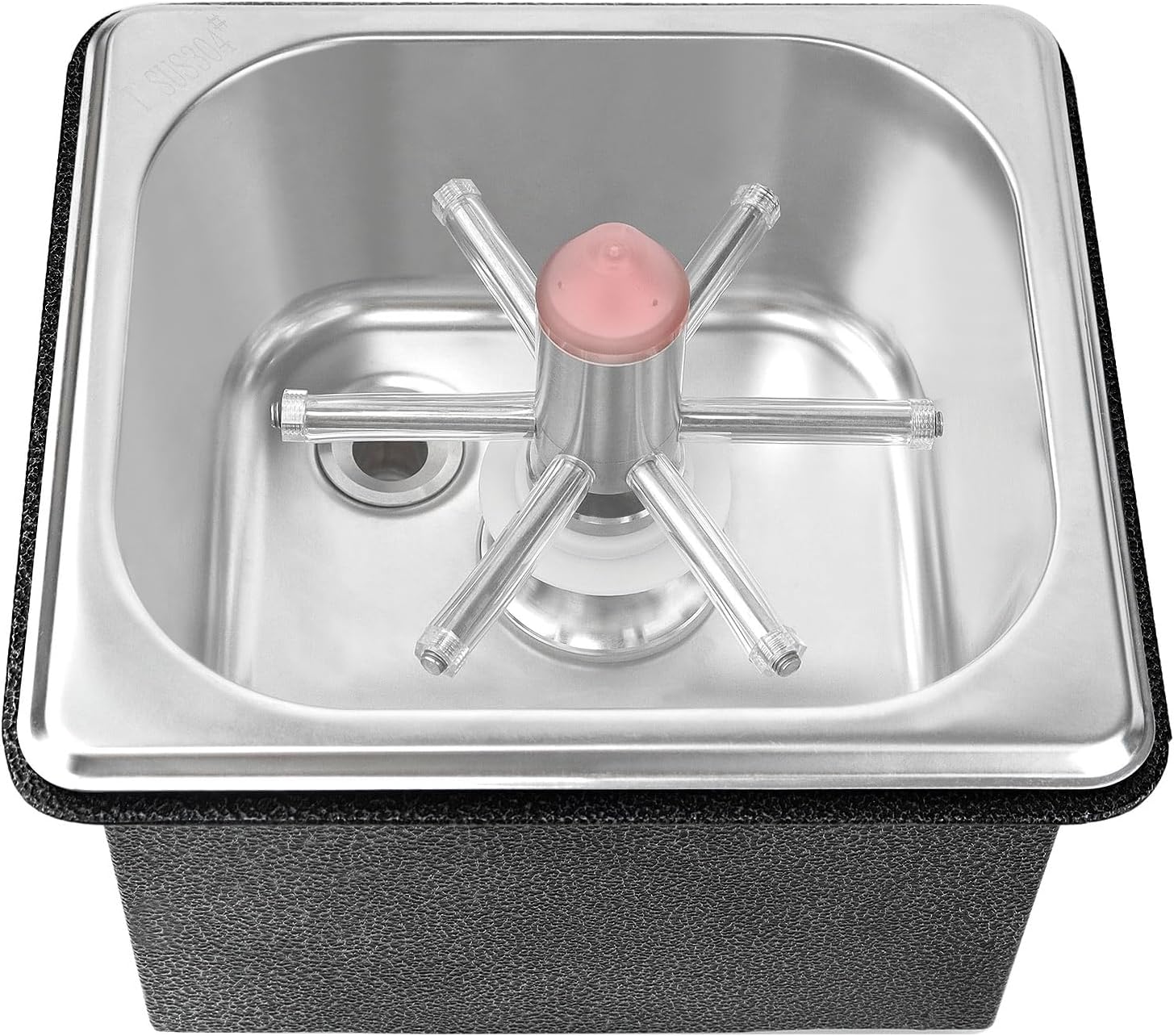 Front view of stainless steel cup rinser with LED light and high-pressure spray system.