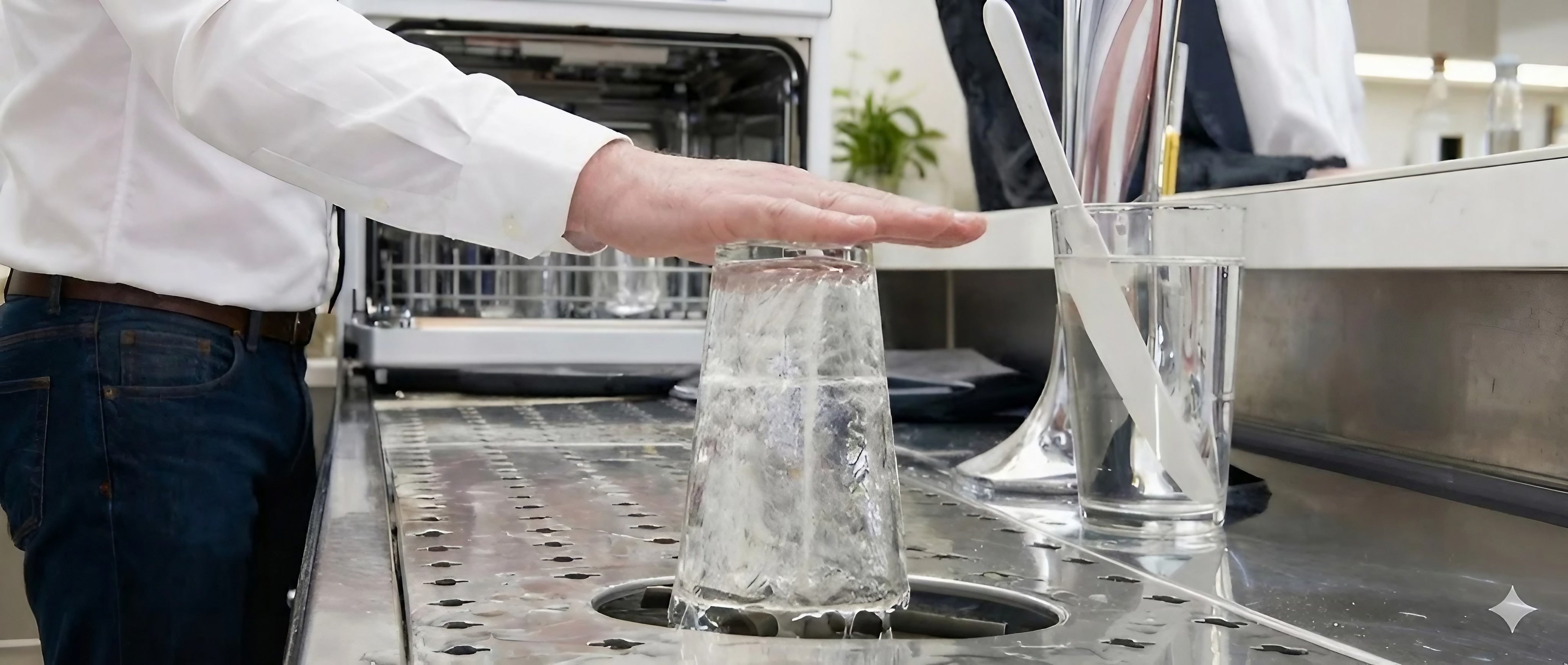 Stainless steel cup washer rinsing a glass at a kitchen sink, showing quick and efficient cup cleaning.