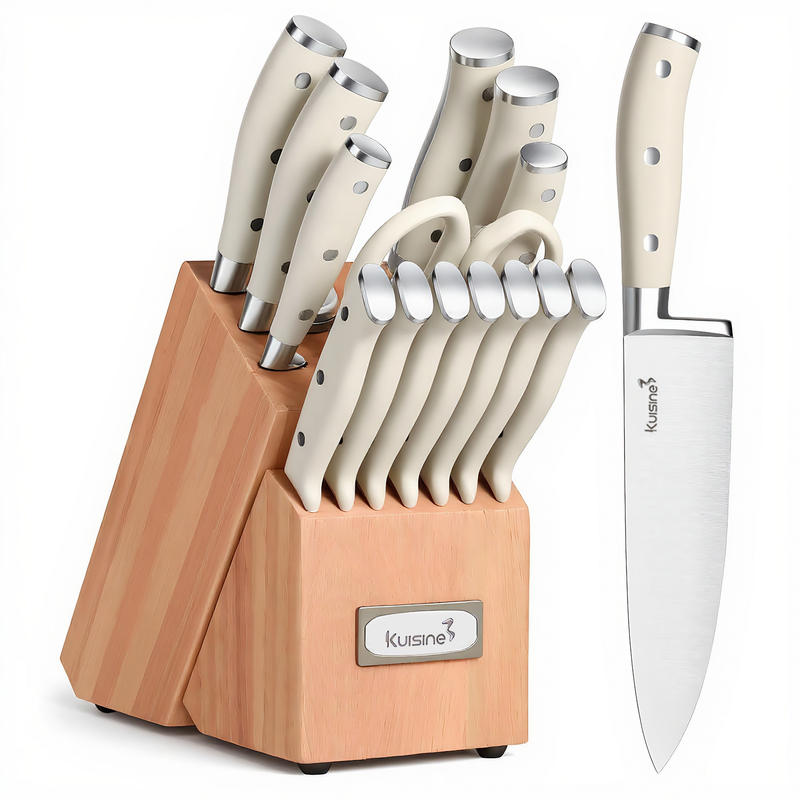 stainless steel knife block set with light color handles and wooden block