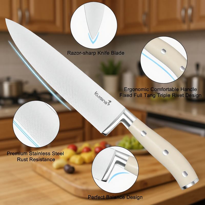 stainless steel kitchen knife with ergonomic light color handle
