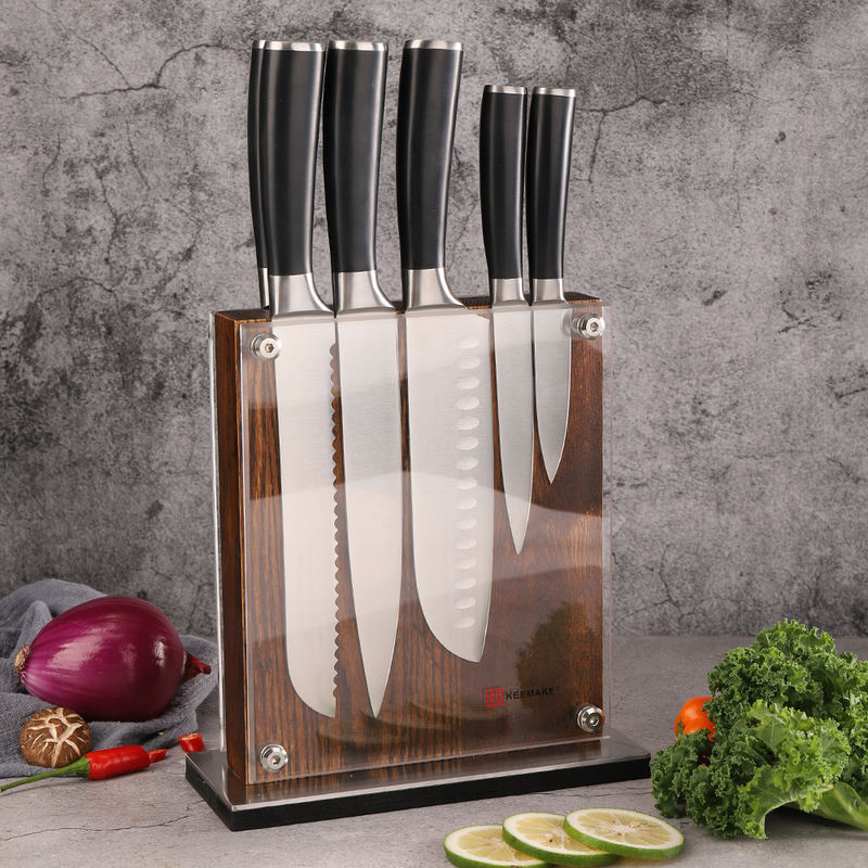 stainless steel knife block set displayed with fresh ingredients
