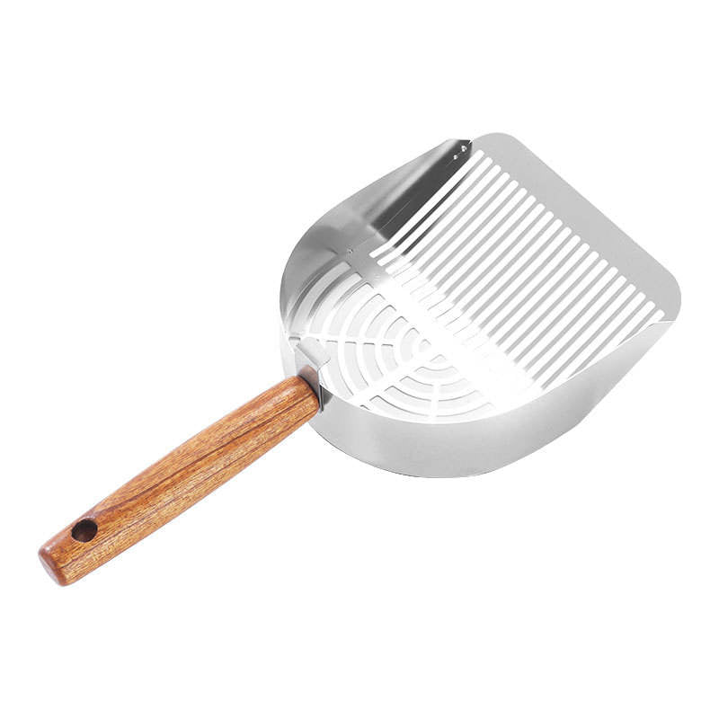 Silver stainless steel litter scoop with wooden handle and deep sifter head