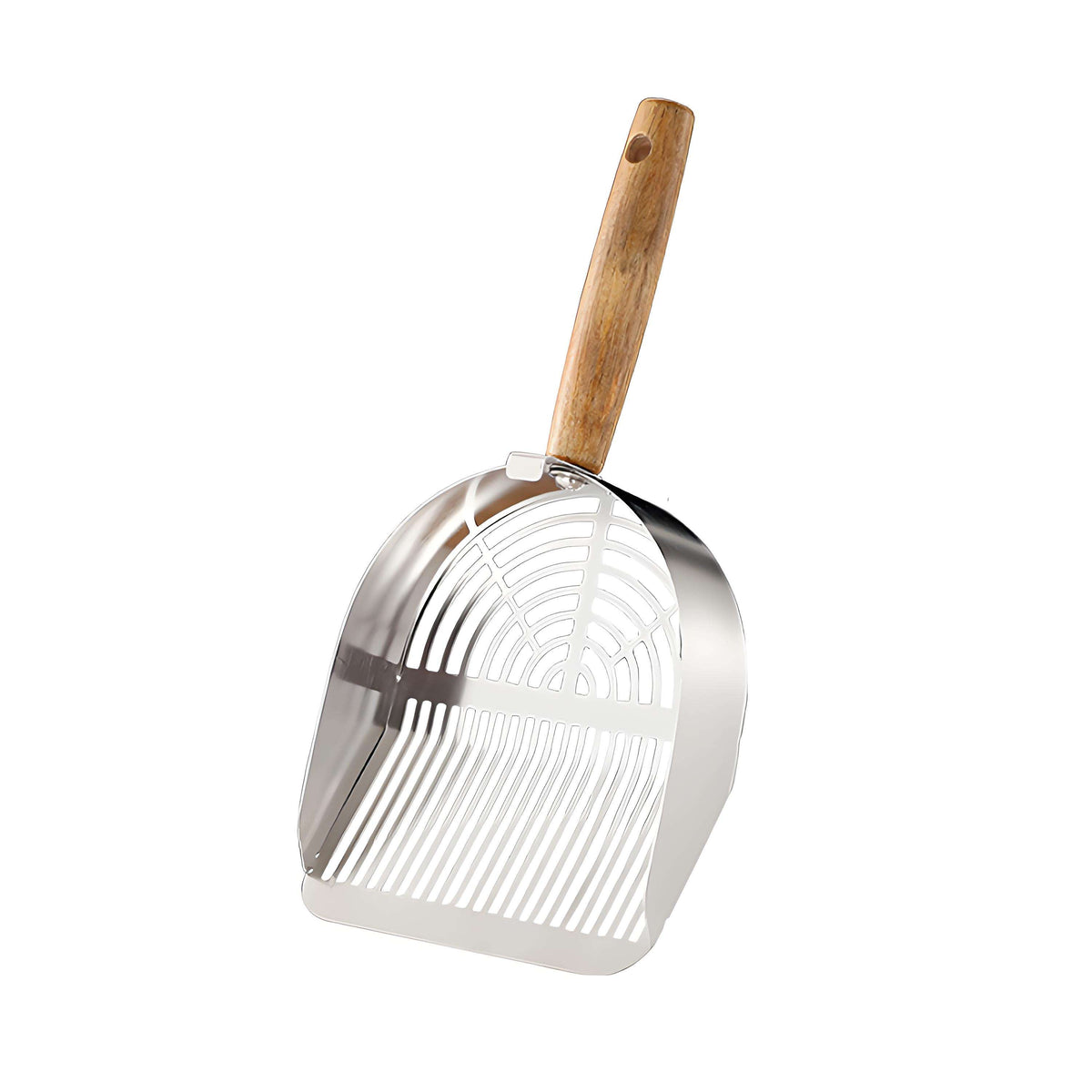 Stainless steel litter scooper with wooden handle, large sifter for clumping litter