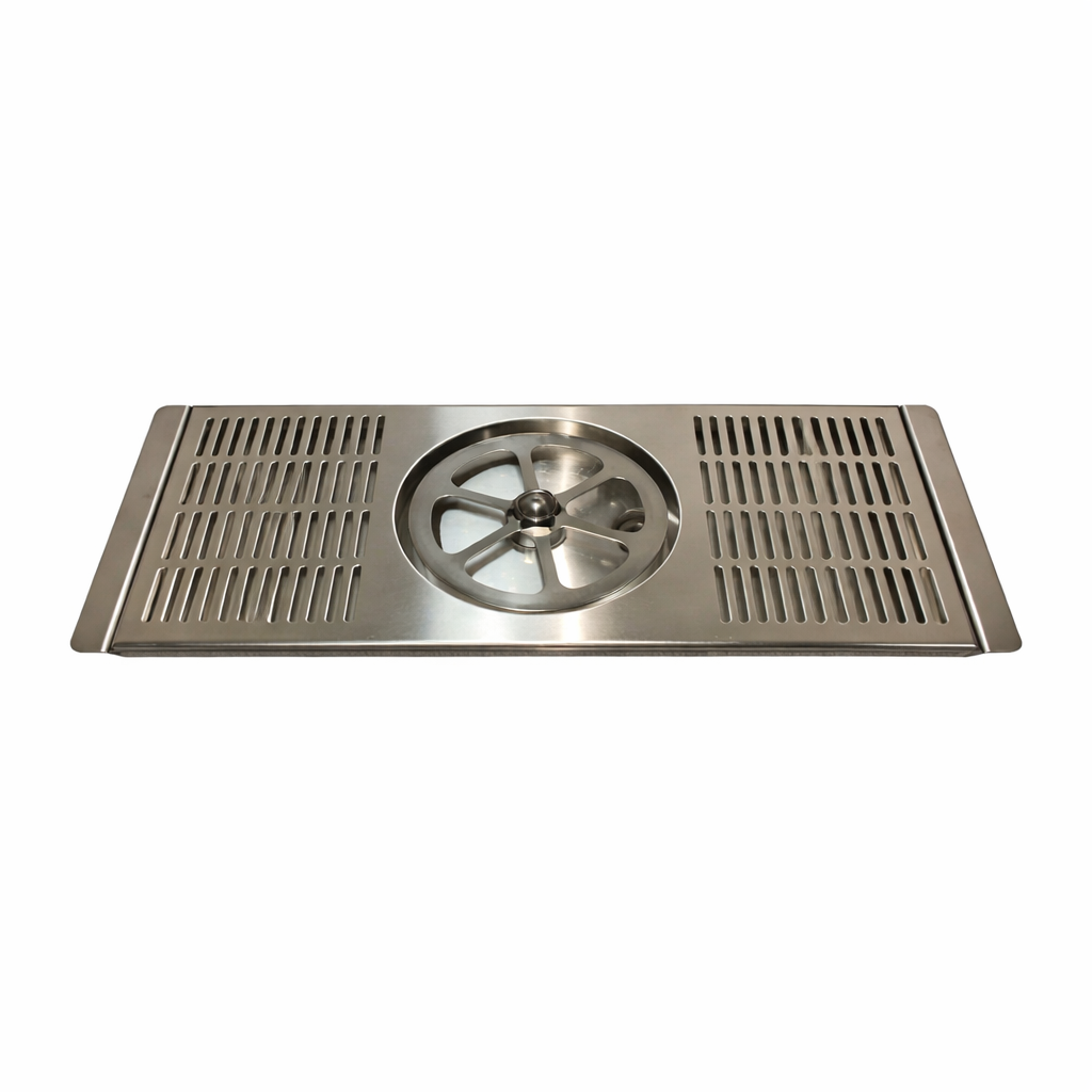 Stainless steel lotus glass rinser tray with two raised edges, providing a low profile for easy access and cleaning in tight spaces.