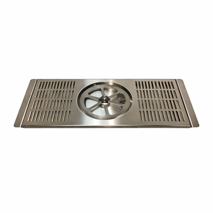Stainless steel lotus glass rinser tray with two raised edges, providing a low profile for easy access and cleaning in tight spaces.
