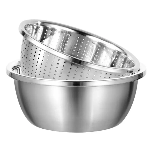 stainless steel mixing bowl with colander for kitchen prep
