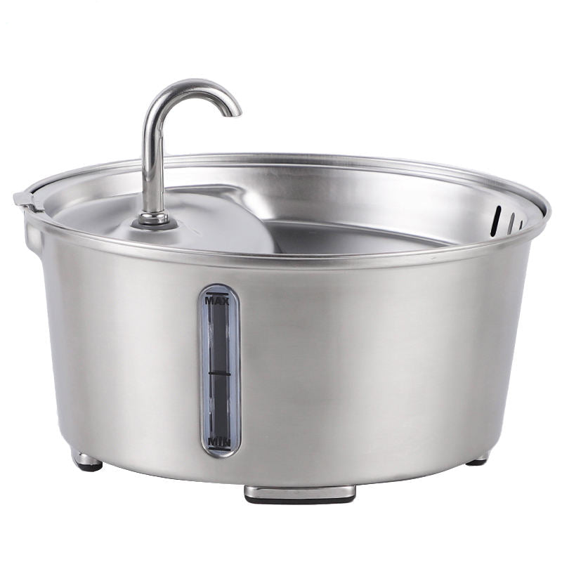 stainless steel pet water fountain with visible water level window