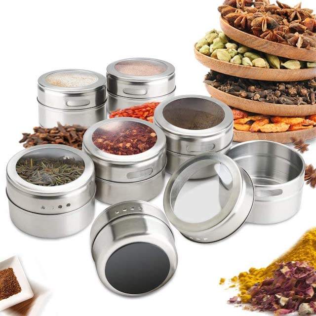 Close-up of durable stainless steel magnetic spice jars