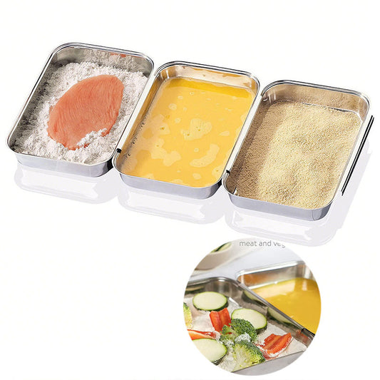 3‑Piece Food‑Grade Stainless Steel Breading Pans Set