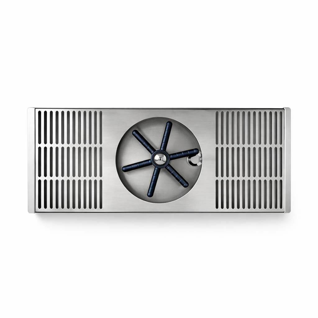 Front view of the SV-168F Flip-Edge Drip Tray Cup Rinser, showcasing the stainless steel design and integrated cup rinser.