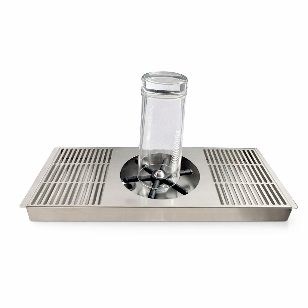 SV-168F Flip-Edge Drip Tray Cup Rinser in action, rinsing a glass in a busy beverage station setup.