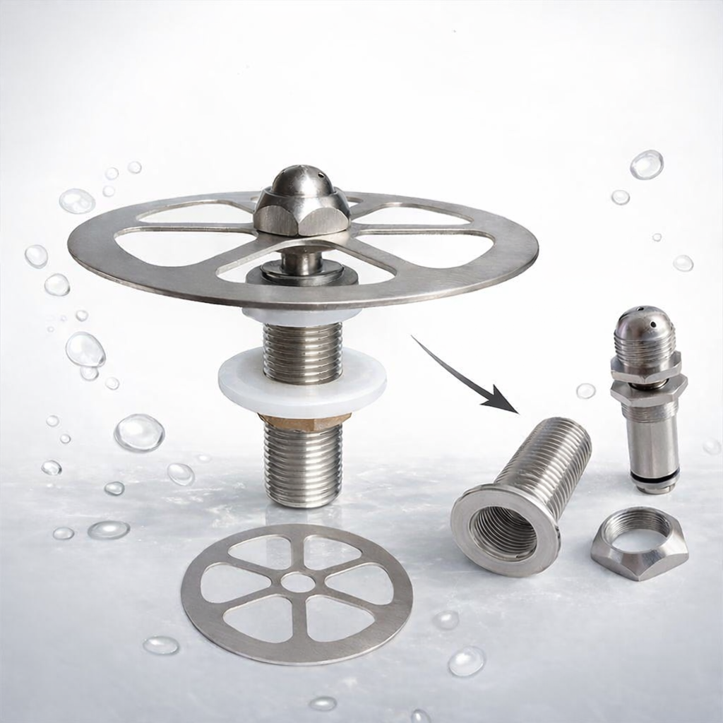 304 stainless steel tall Lotus cup rinser head for efficient rinsing of large drinkware in coffee bars and drink stations.