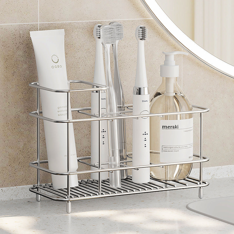 Organized toothbrush holder and toothpaste storage rack in modern bathroom