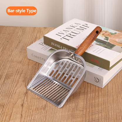 Wooden handle metal litter scooper for neat, everyday home storage