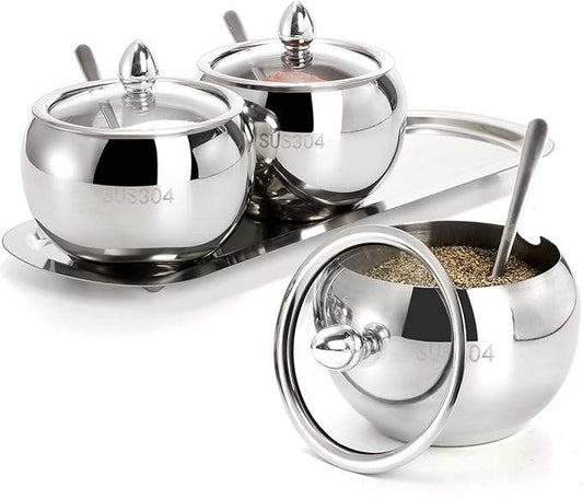 YBB 3 grids stainless steel seasoning containers with glass lids and tray