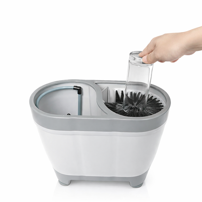 Zero power glass washer with dual brush design, providing efficient cleaning for both inside and outside of glasses.